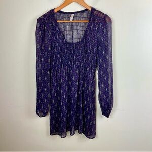 Purple Sheer Firefly Print Smocked‎ Long Sleeve Dress Fairy Unique Size Medium